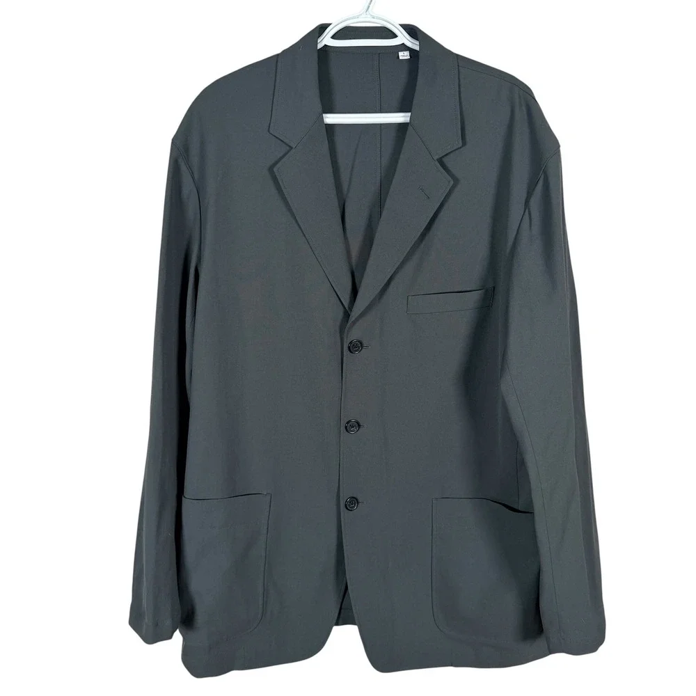 Uniqlo U Blazer Mens L Dark Gray Polyester Linen Blend 3 Button Unstructured